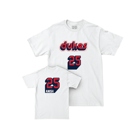 Duquesne Men's Basketball Throwback Shirsey White Comfort Colors Tee - Ethan Anish | #25