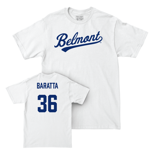Belmont Baseball White Script Comfort Colors Tee - Dominic Baratta Small