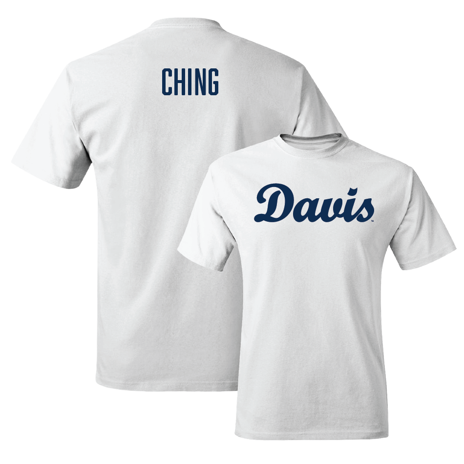 UC Davis Women's Swim & Dive White Script Comfort Colors Tee - Maddy Ching