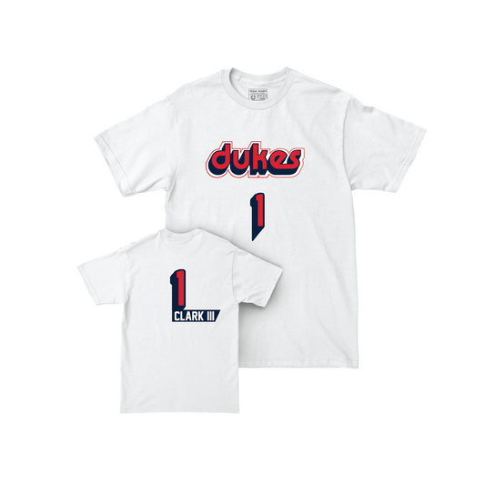 Duquesne Men's Basketball Throwback Shirsey White Comfort Colors Tee - Jimmy Clark III | #1