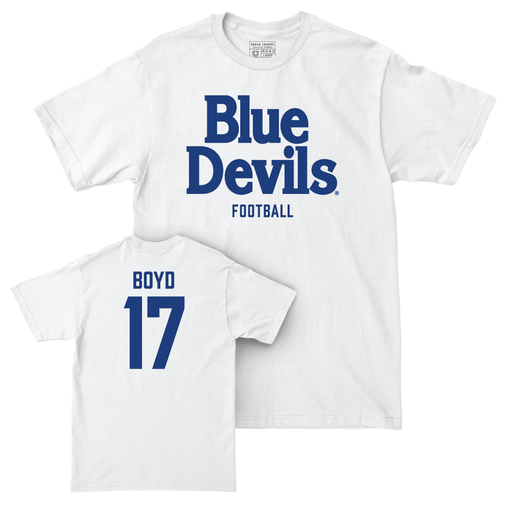 Duke Men's Basketball White Blue Devils Comfort Colors Tee - Quran Boyd Small