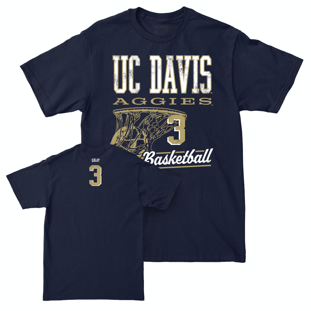 UC Davis Men's Basketball Navy Hoops Tee - Campbell Gray | #3 Small